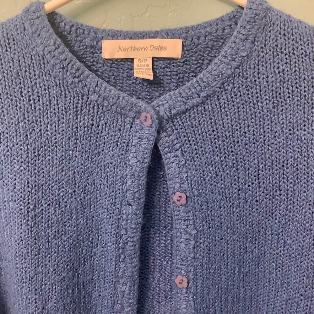Super soft Blue net sweater flowered buttons down the front